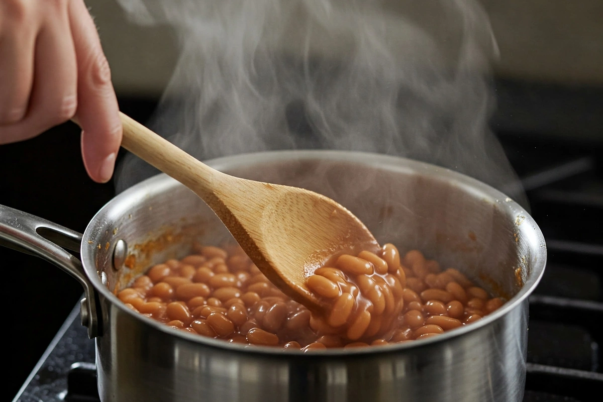 Baked beans being heated on a stove with steam rising