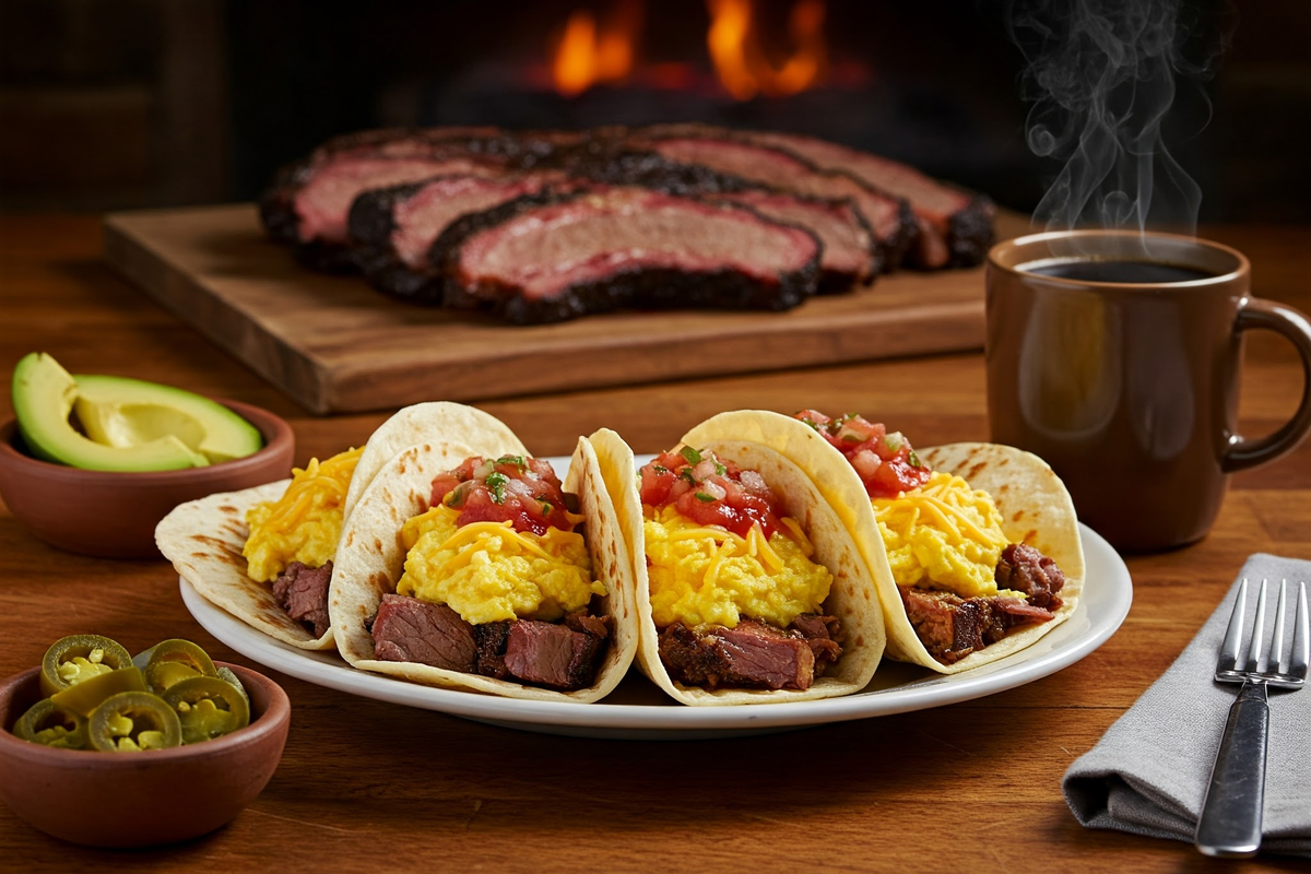 Texas-Size Breakfast Tacos with Smoked Brisket on a rustic wooden table