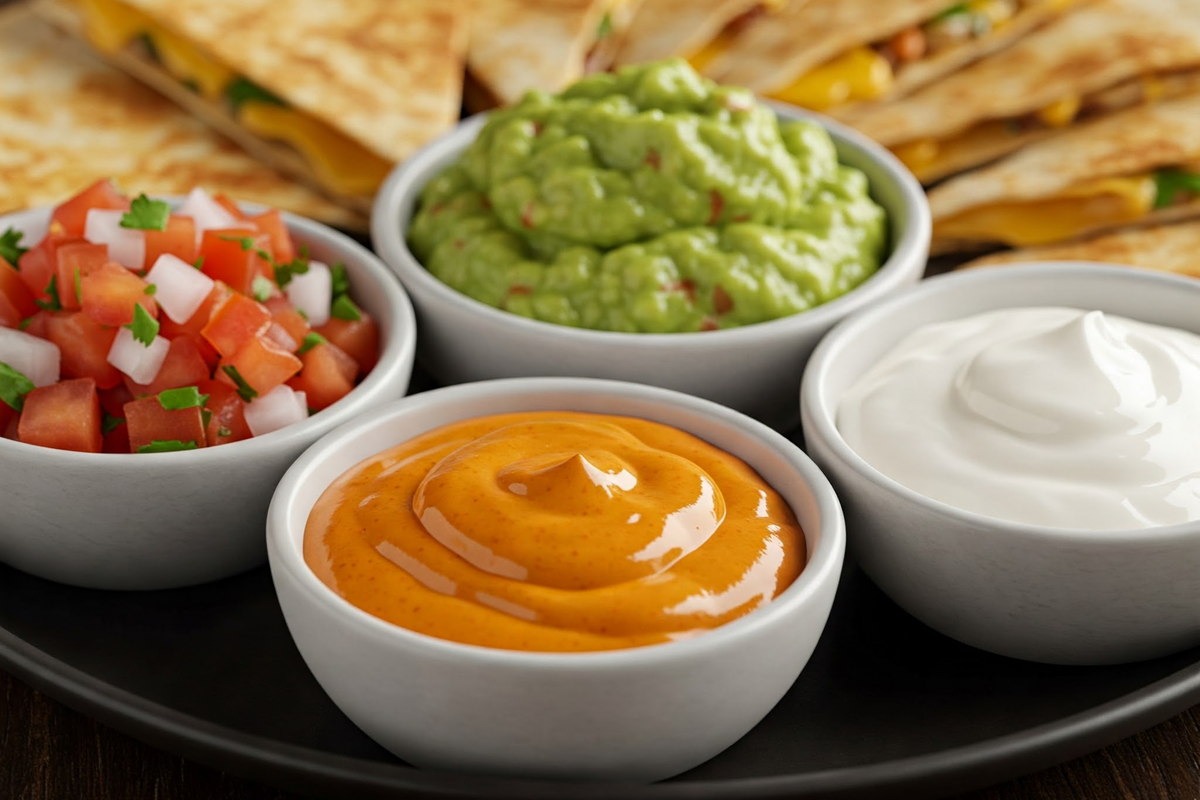 Quesadilla dips including salsa, guacamole, sour cream, and chipotle mayo.