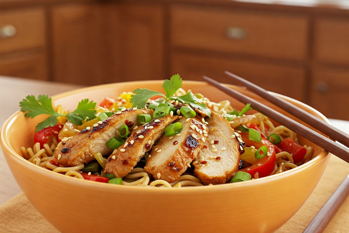 A bowl of noodles with chicken, vegetables, and soy sauce.