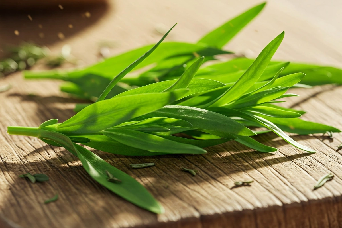 Fresh tarragon leaves on a wooden cutting board