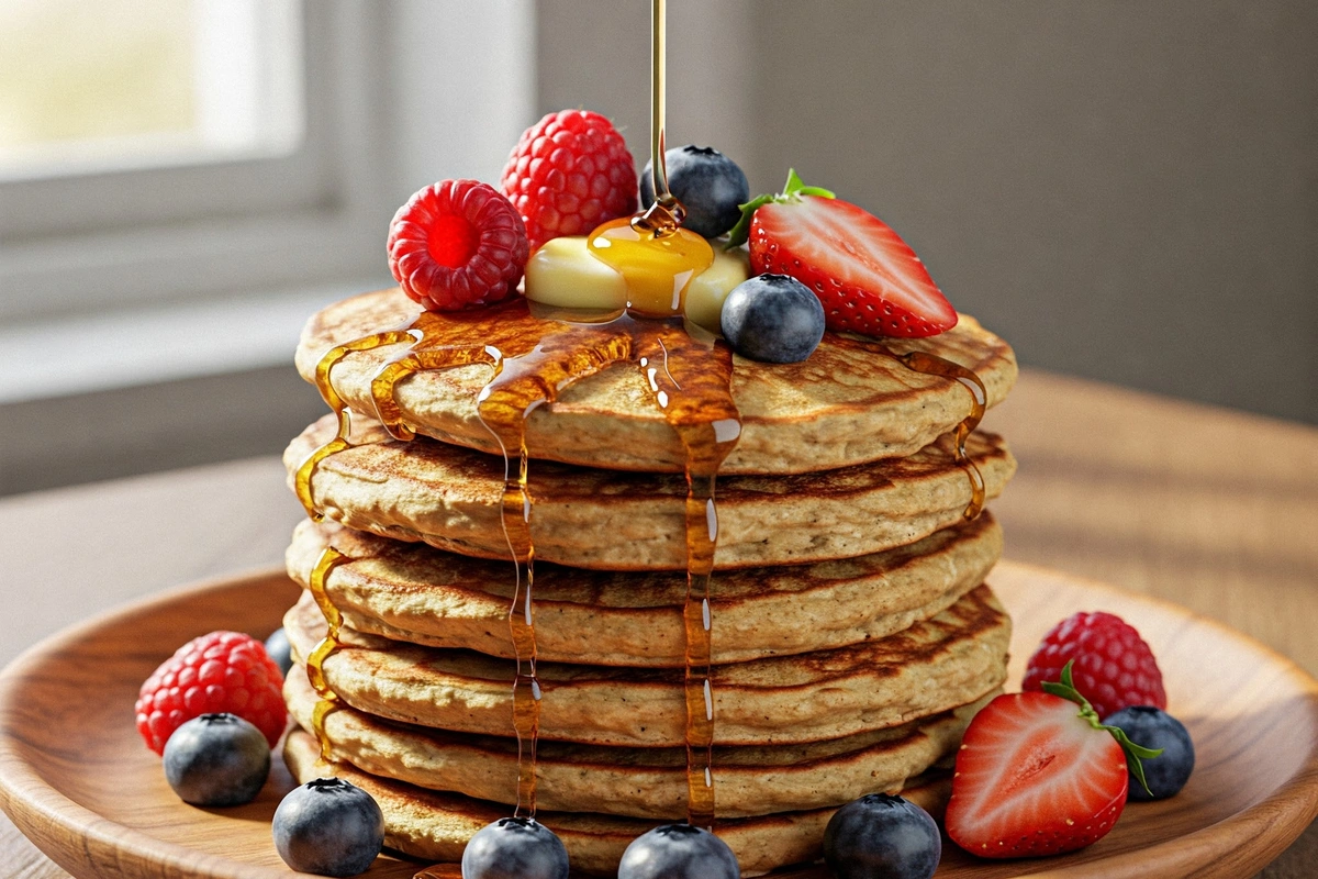 Prompt: "Three side-by-side pancake batter bowls labeled 'too thick,' 'just right,' and 'too thin,' showing batter consistency for perfect pancakes."