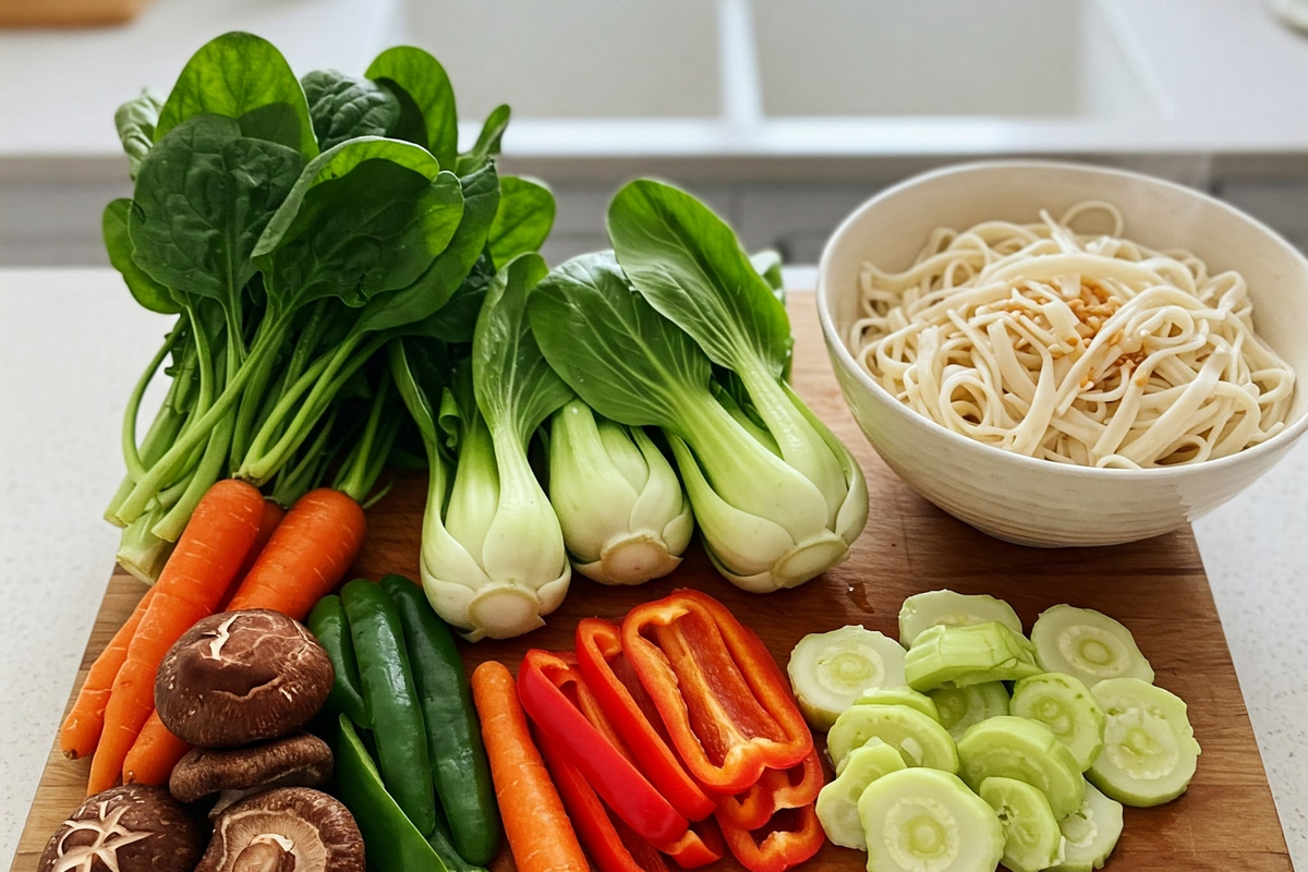  Fresh vegetables ready to be added to a bowl of noodles