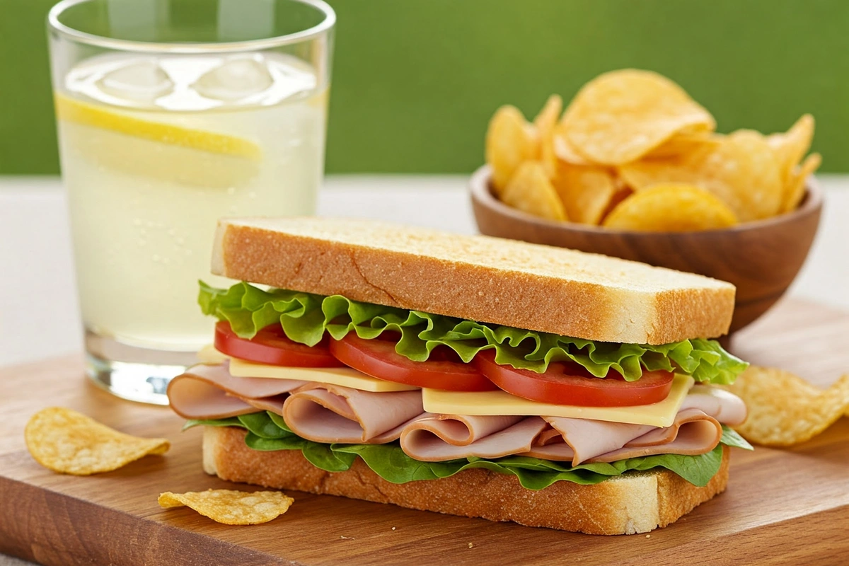 Perfectly made sandwich on a cutting board with fresh ingredients