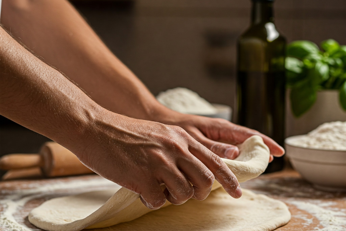  Hands stretching Neapolitan pizza dough on a wooden surface.