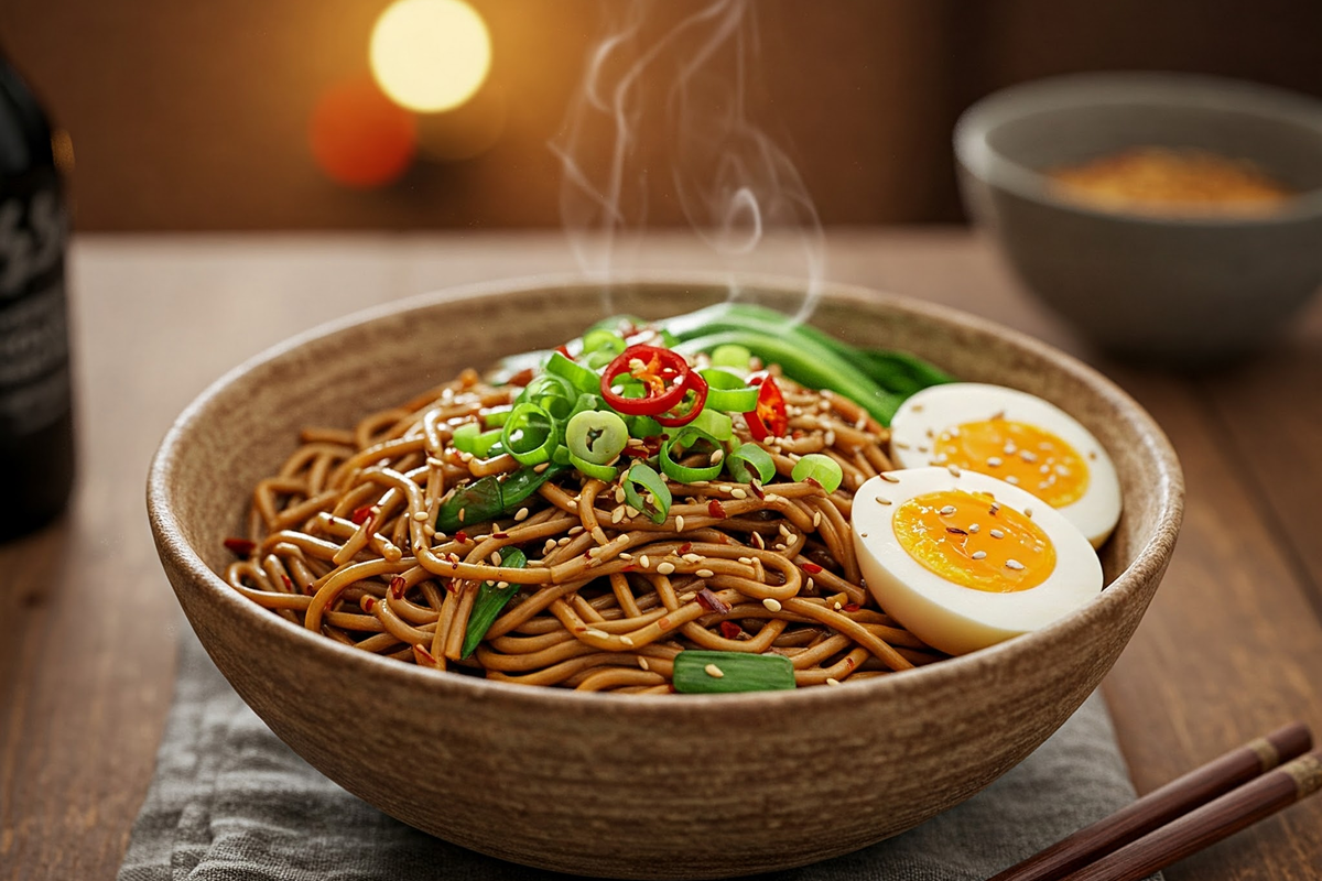 A steaming bowl of flavorful noodles with fresh toppings.