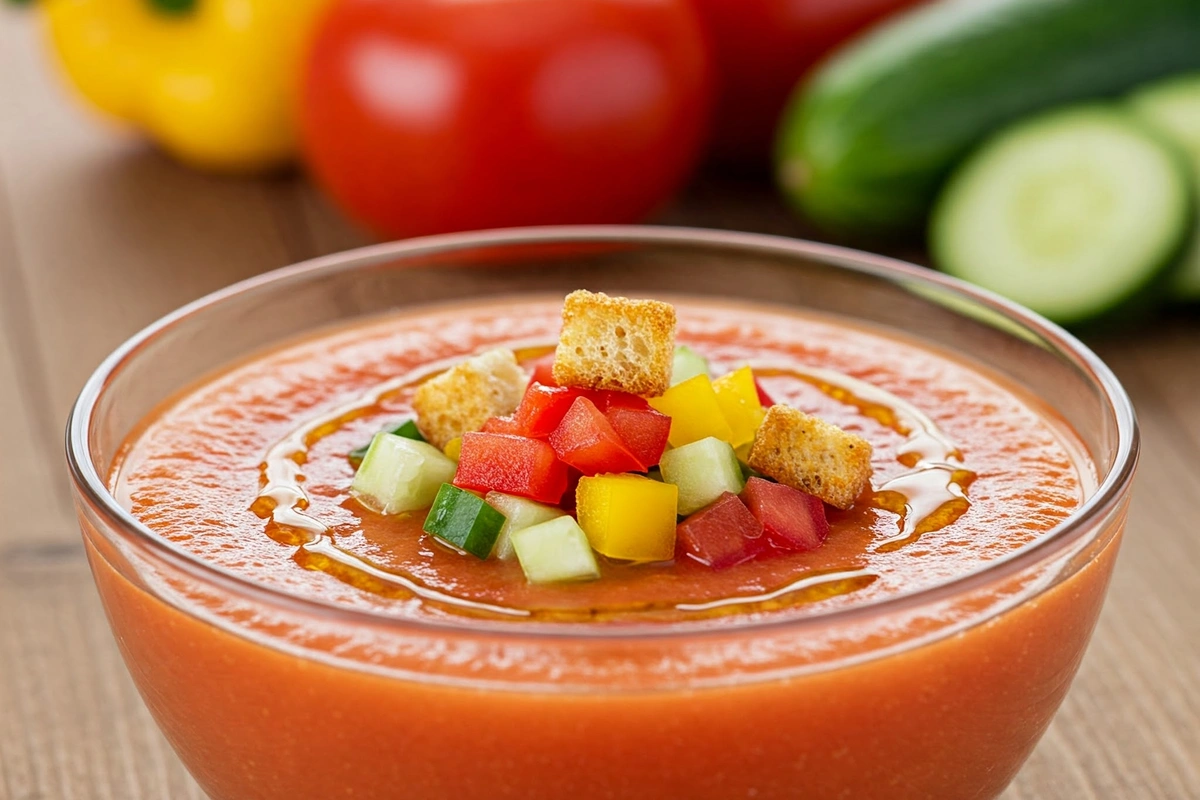 Chilled gazpacho soup topped with diced vegetables and croutons