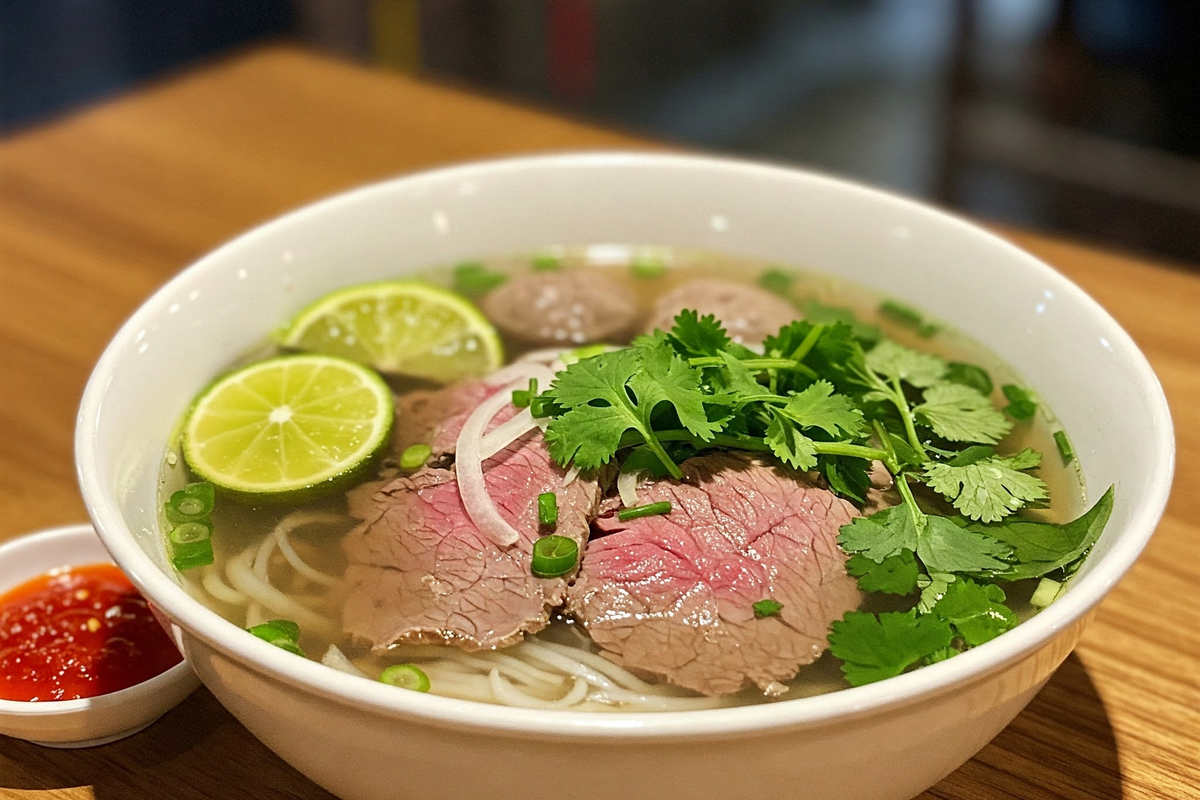 A steaming bowl of Vietnamese pho with beef, herbs, and lime wedges.