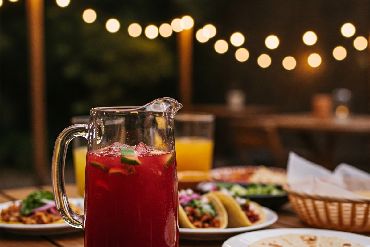 Agua fresca served on an outdoor table.