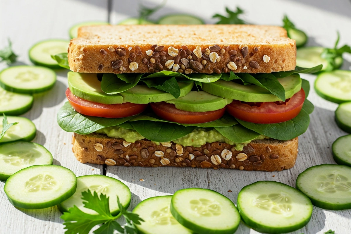 Healthy sandwich with whole-grain bread, greens, tomato, and avocado