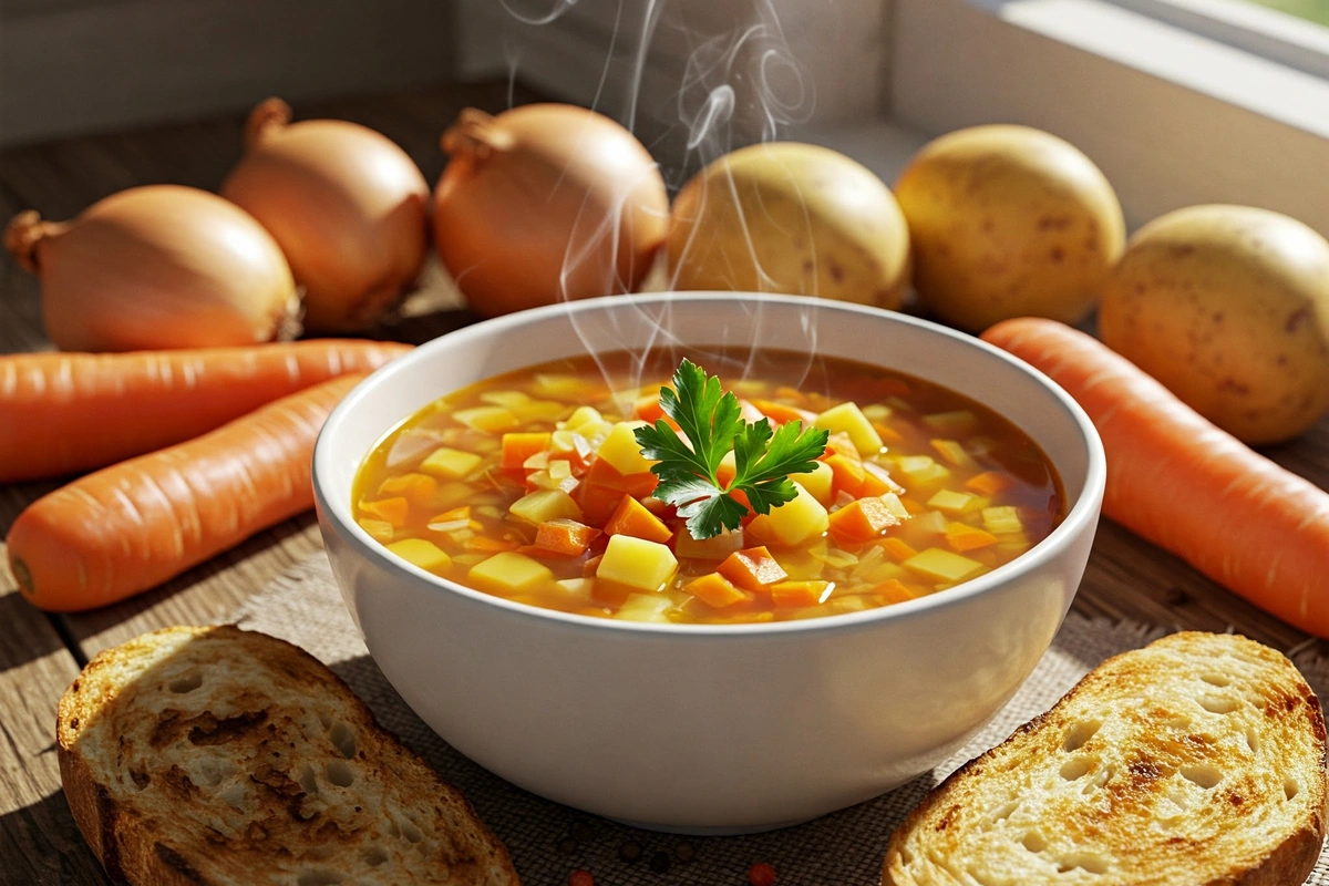 Steaming bowl of vegetable soup with rustic bread