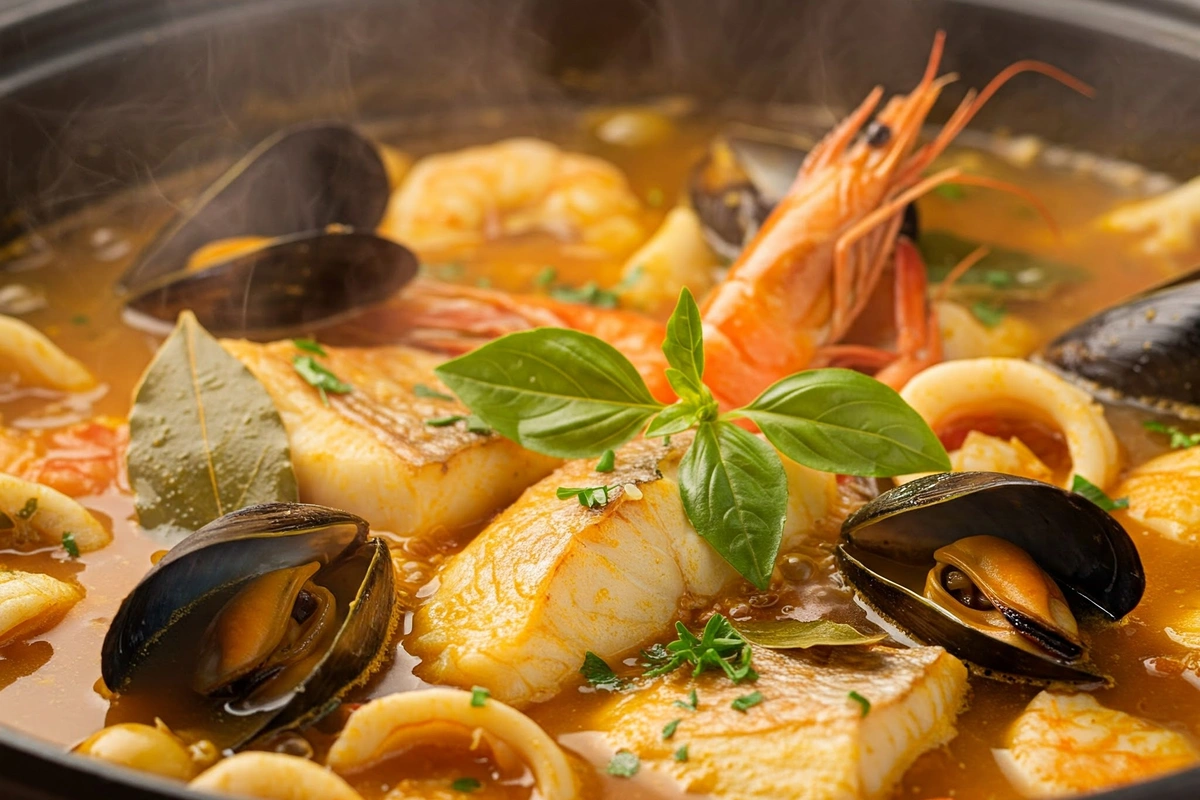 Bouillabaisse seafood stew cooking in a pot