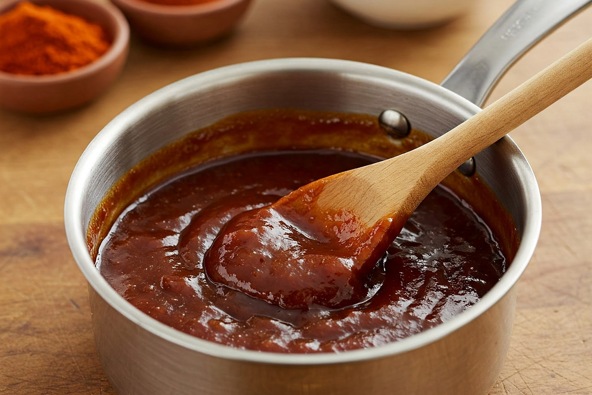  Homemade smoky BBQ sauce simmering in a saucepan.