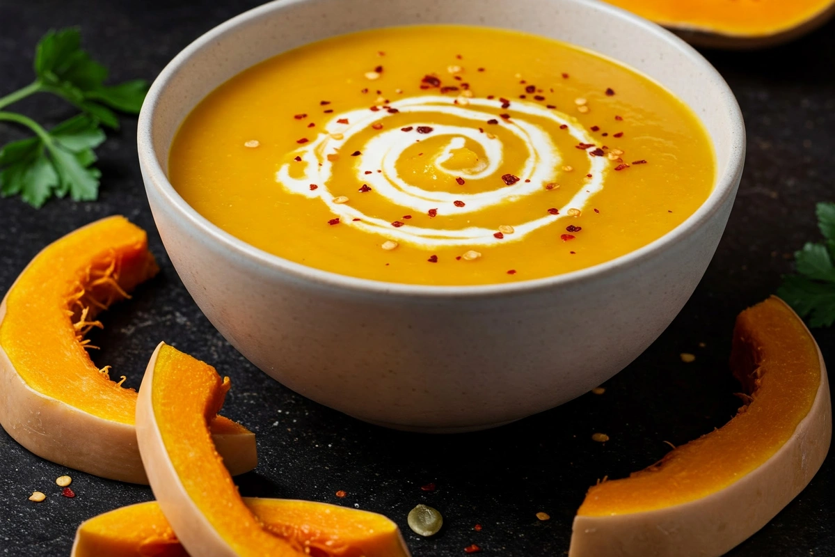 Butternut squash soup with crème fraîche and chili flakes