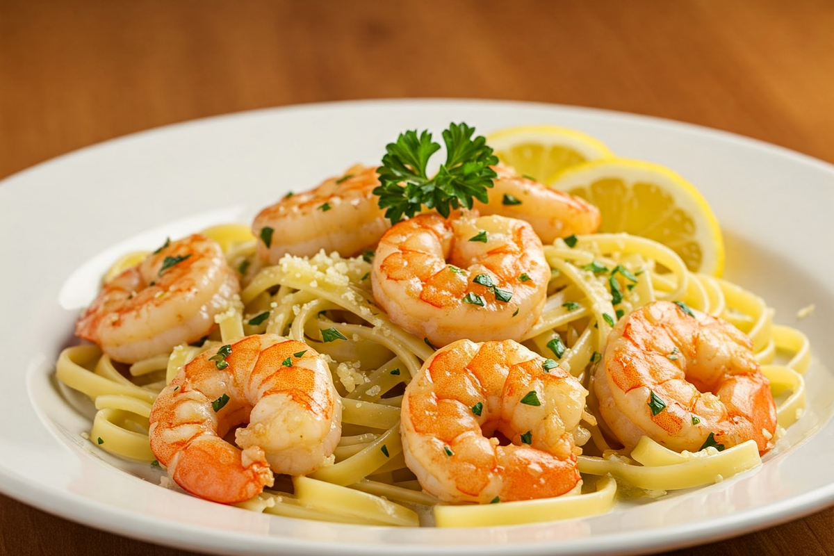 Classic shrimp scampi pasta with garlic butter sauce.