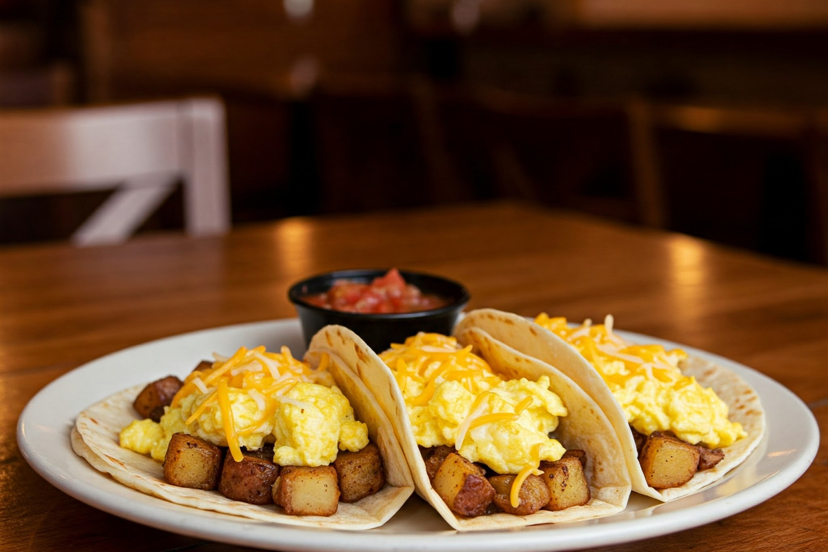 Texas-style breakfast tacos with eggs, and salsa on a wooden table.