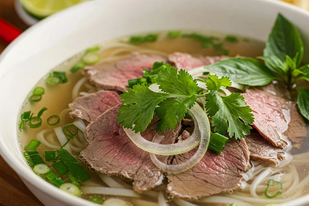 Steaming bowl of pho with herbs, beef, and rice noodles