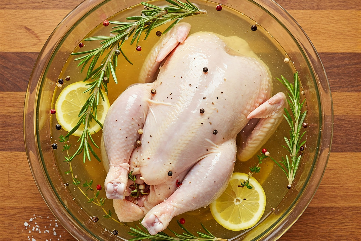 Raw chicken soaking in a flavorful brine with herbs.