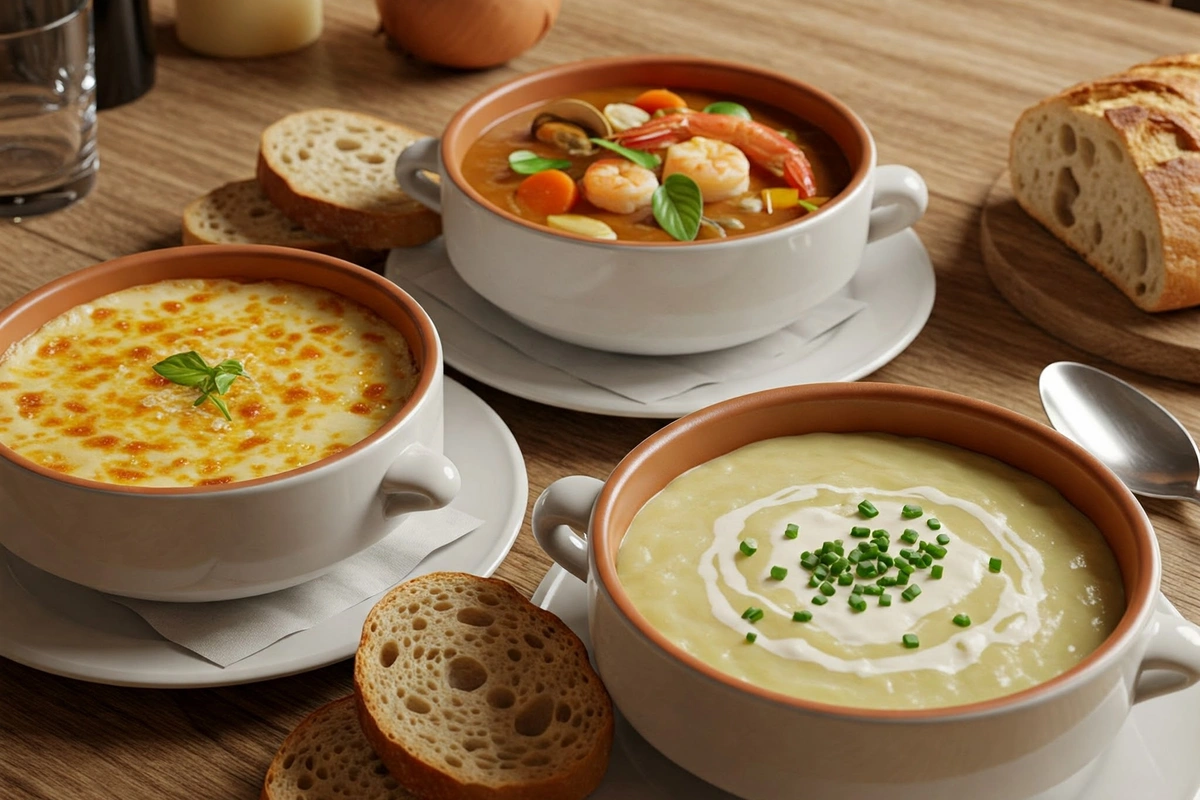 Three famous French soups on a table