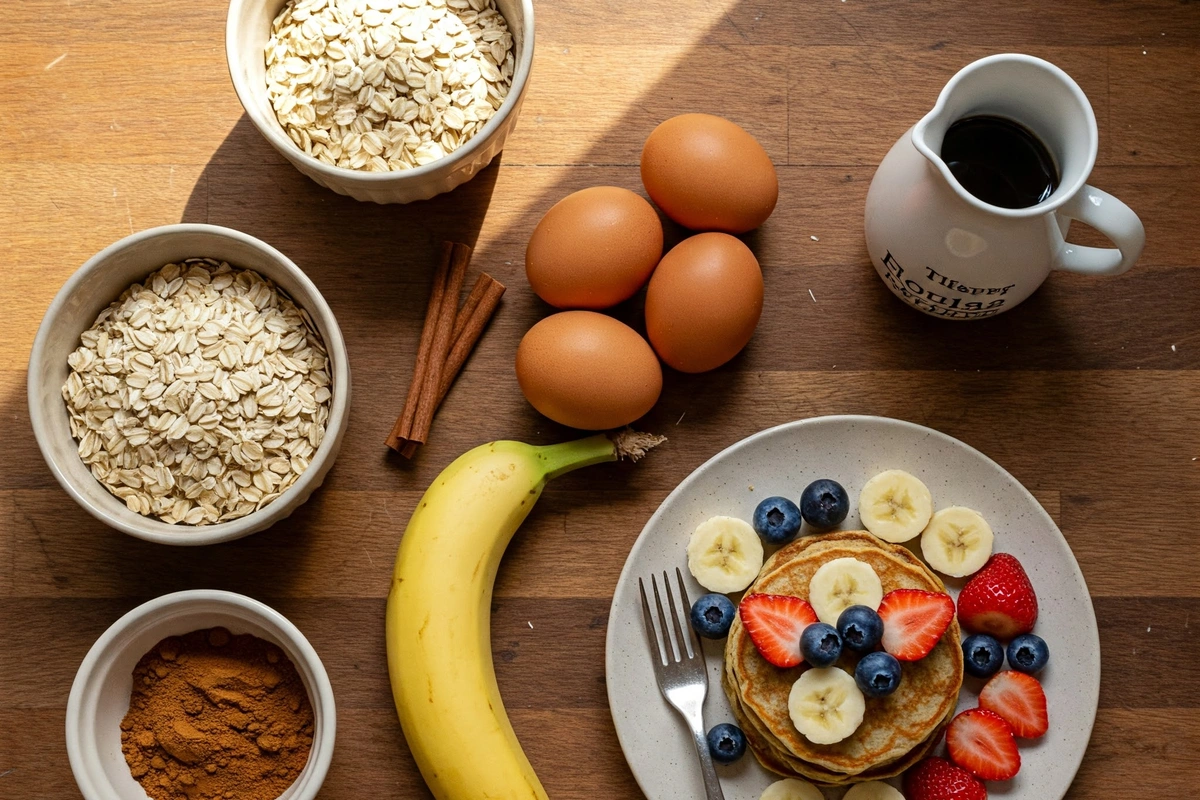 Ingredients for oatmeal pancakes arranged on a table