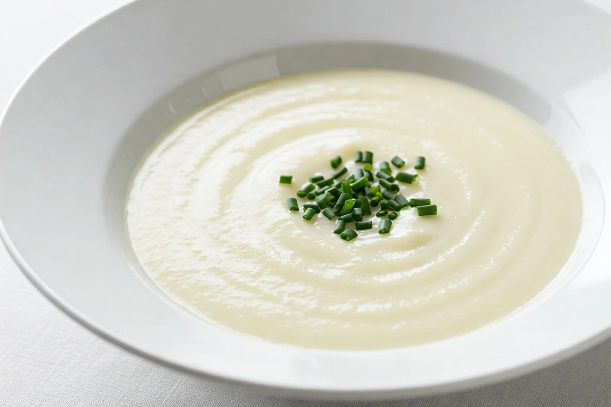  Bowl of chilled Vichyssoise garnished with chives