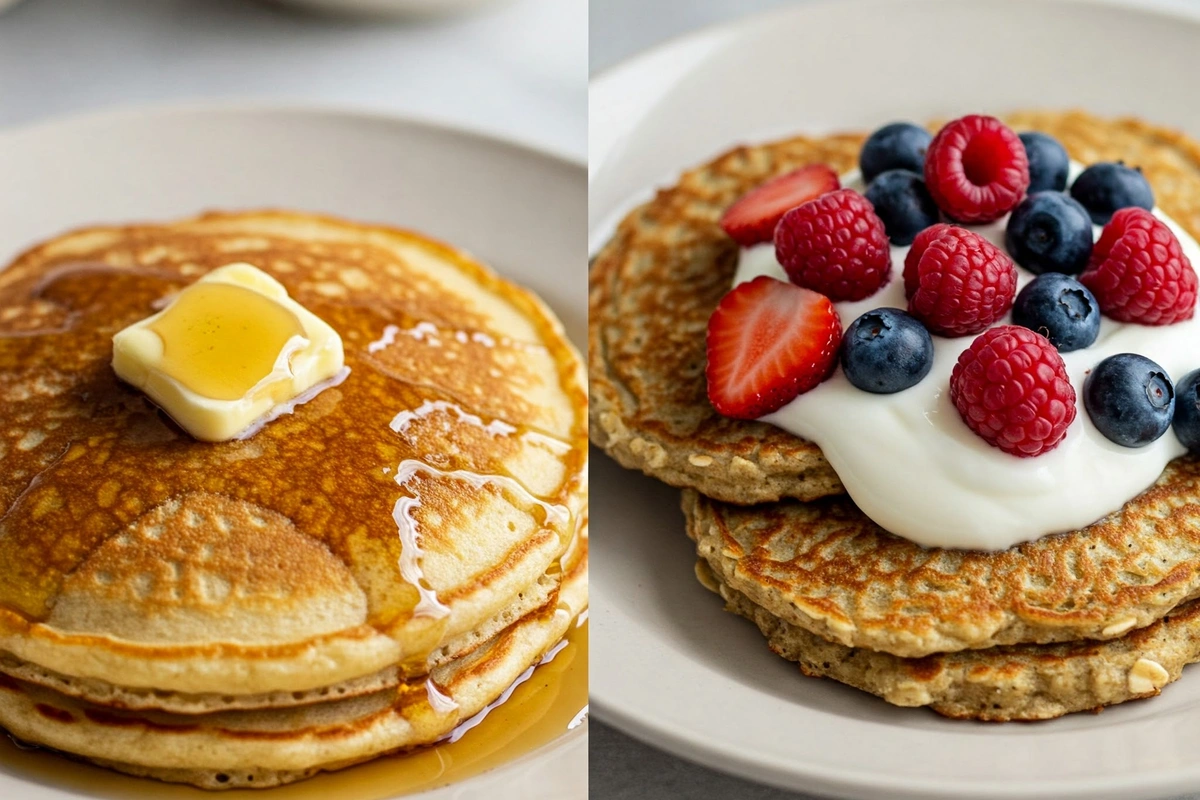 Side-by-side comparison of oatmeal and regular pancakes