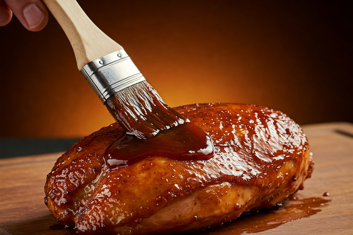 Smoked chicken breast with barbecue sauce being brushed on.