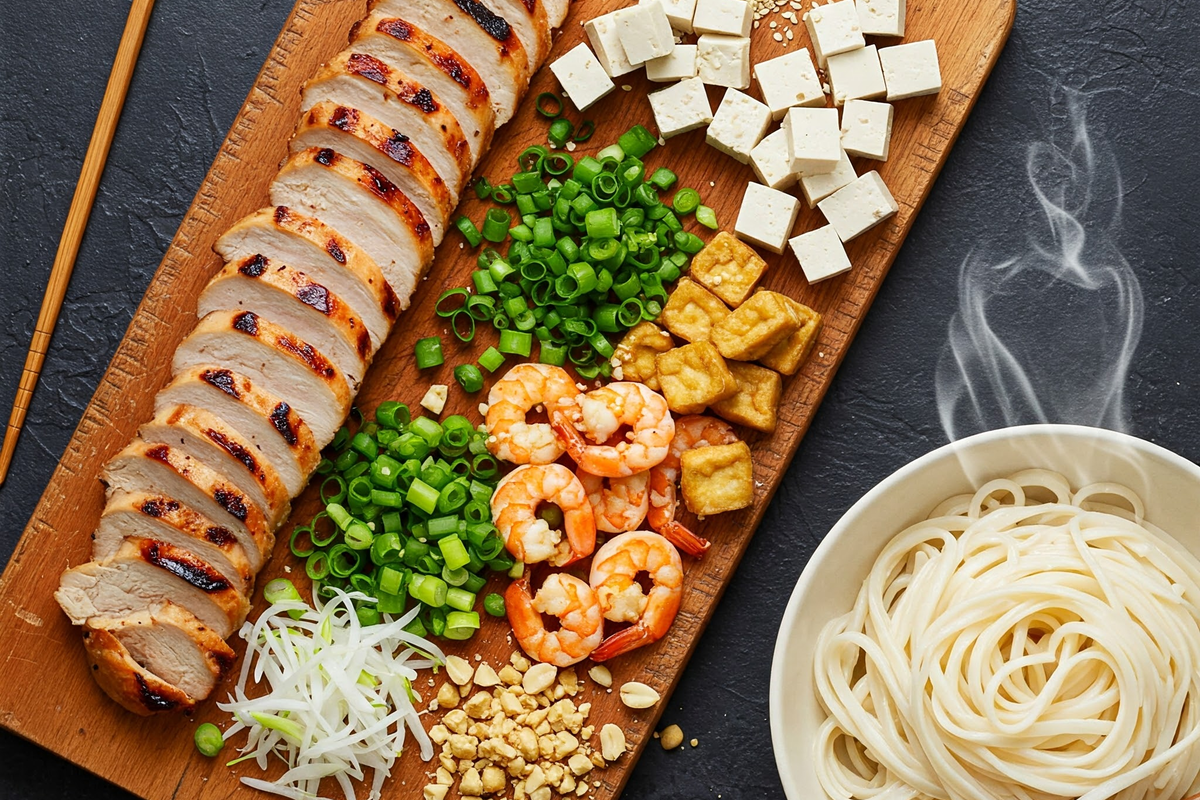  A variety of protein and toppings for enhancing noodles.