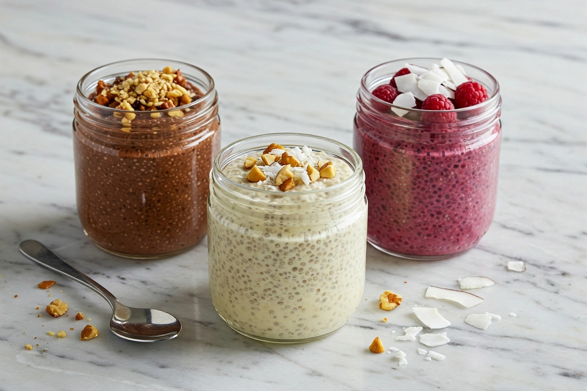 Variety of chia pudding flavors in small jars