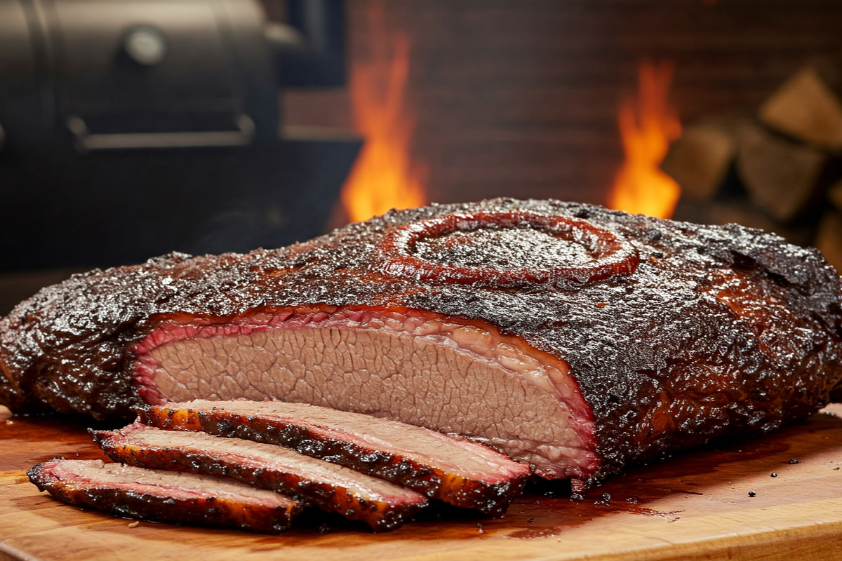 Smoked Texas brisket on a cutting board with a perfect bark.