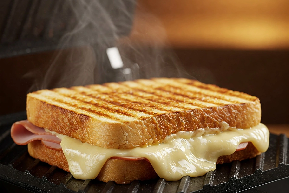 Toasted sandwich on a grill with a golden-brown crust