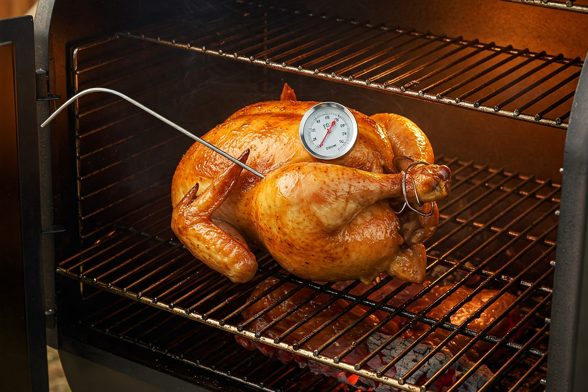 Smoked chicken inside a smoker with a temperature probe.