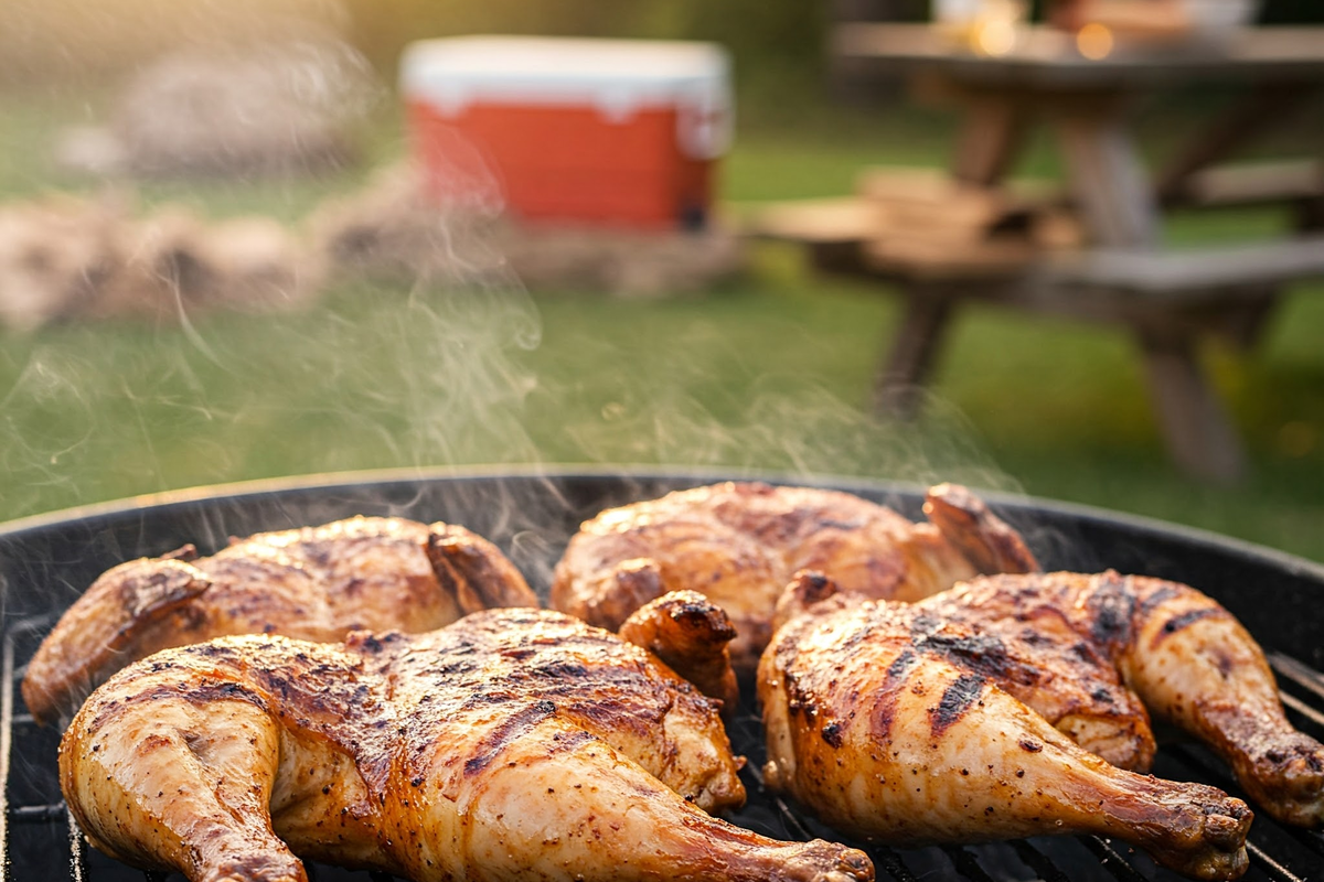 BBQ chicken smoking over a grill with hickory and applewood.