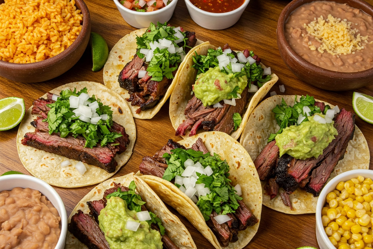 Brisket tacos with sides like rice, beans, and salsa on a wooden table.