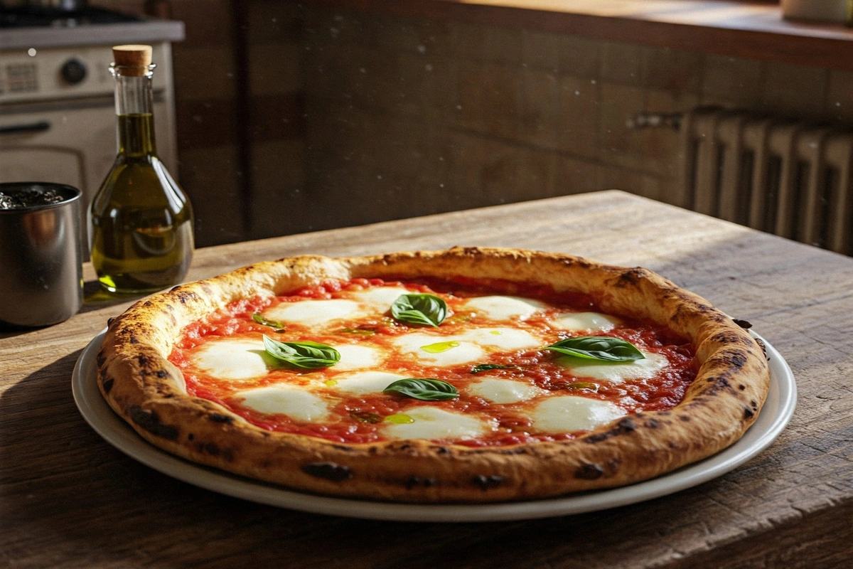 Authentic Neapolitan pizza with puffy crust and fresh basil on a rustic table