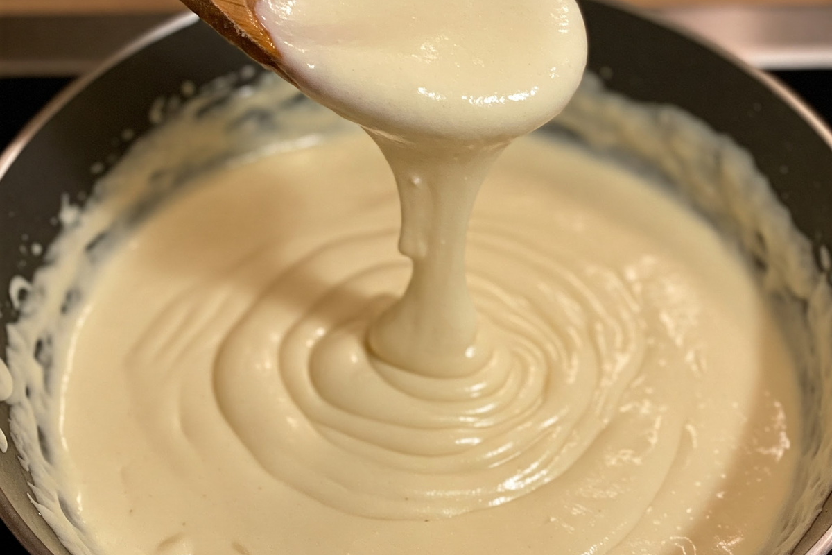  A spoon lifting creamy Alfredo sauce from a pan