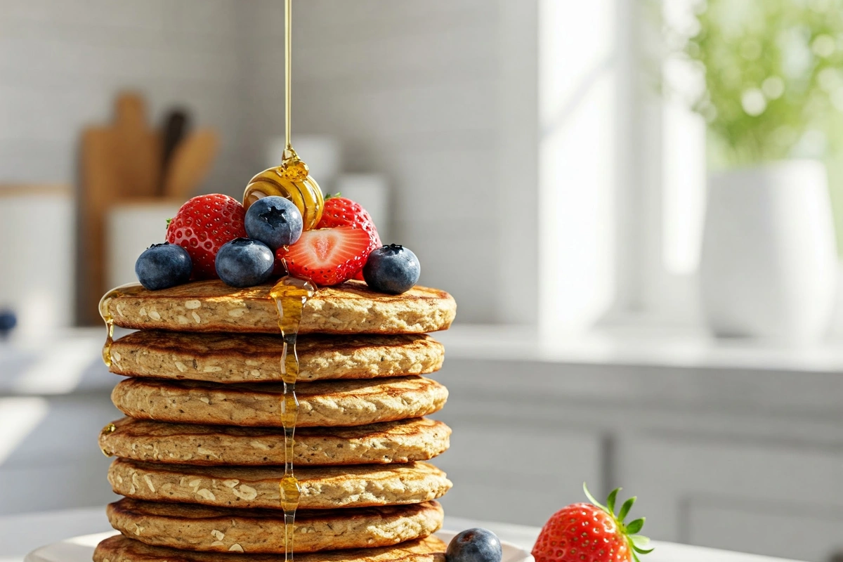 Stack of oatmeal pancakes topped with fresh berries and honey