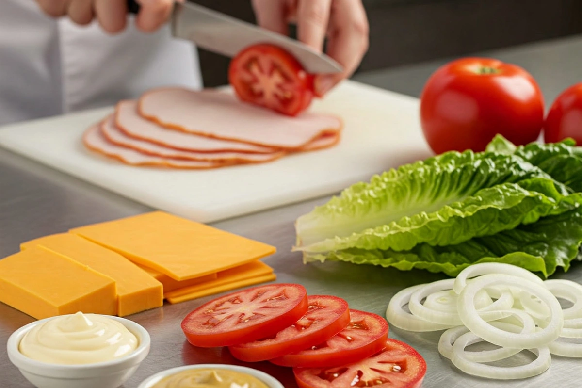 Fresh sandwich ingredients being prepped on a kitchen counter