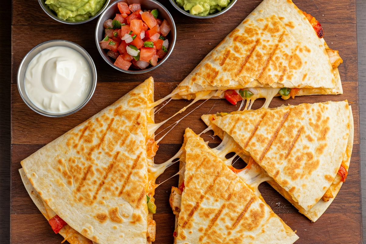 Crispy quesadilla with cheese, chicken, and veggies.