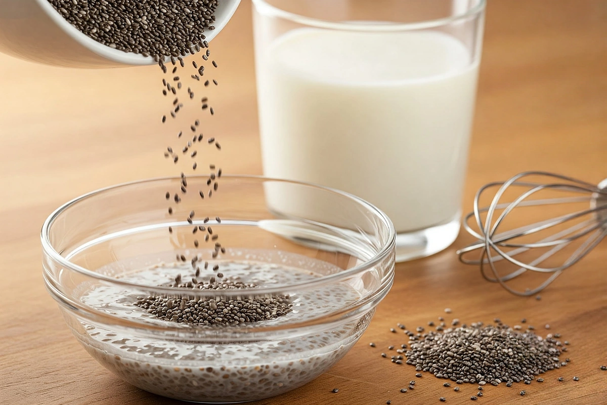 Chia seeds pouring into a bowl for pudding