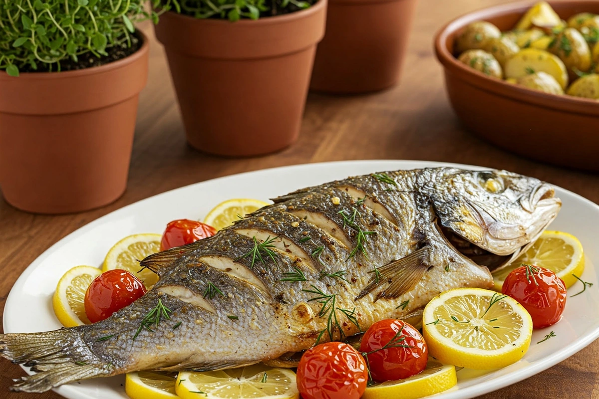 Roasted branzino on a platter with lemon and herbs