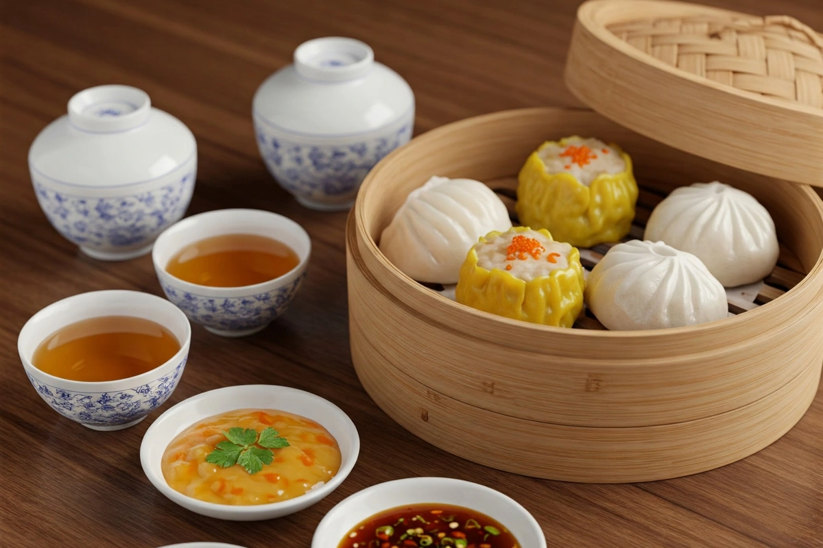  Dim sum spread in bamboo steamer with siu mai and har gow