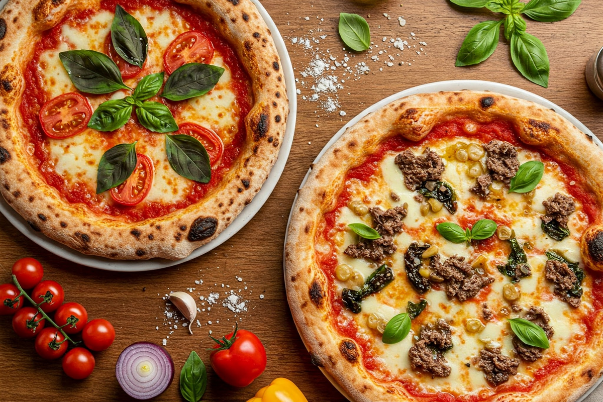 Neapolitan vs. Roman pizza side by side on a wooden table.