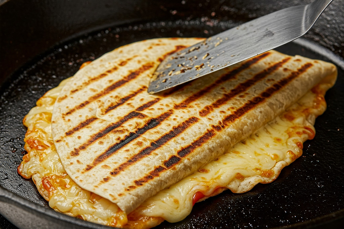 Quesadilla grilling on a stovetop skillet with melting cheese