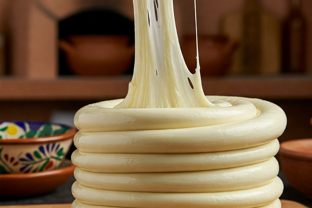  Oaxaca cheese being pulled apart for an authentic quesadilla.