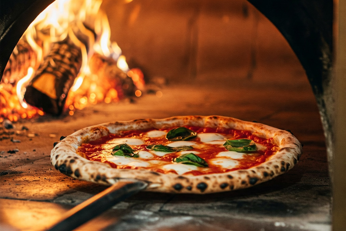 Neapolitan pizza baking in a wood-fired oven.