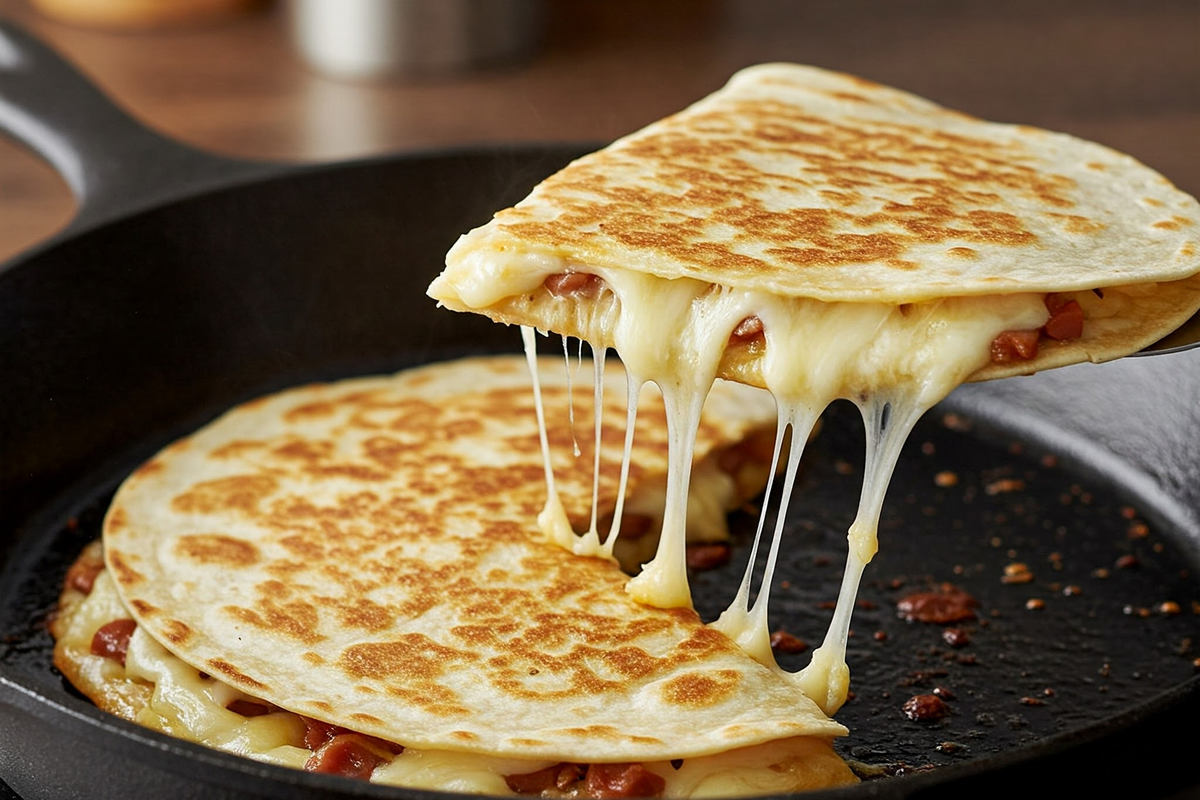  Crispy quesadilla cooking in a cast iron skillet with melted cheese.