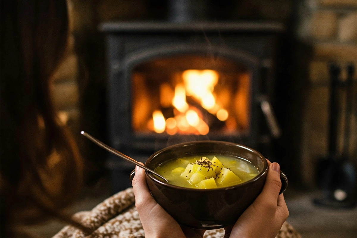 A person holding a bowl of steaming leek and potato soup