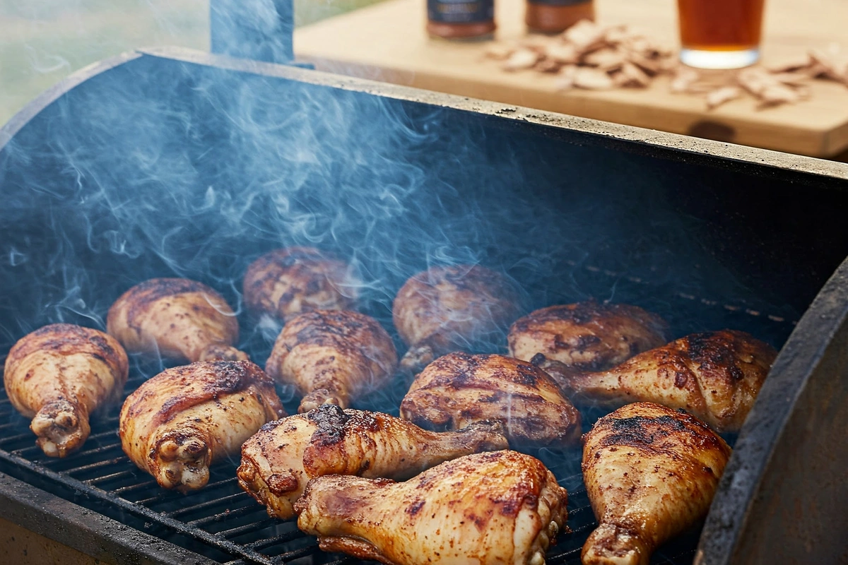 BBQ chicken being grilled and basted with sauce.