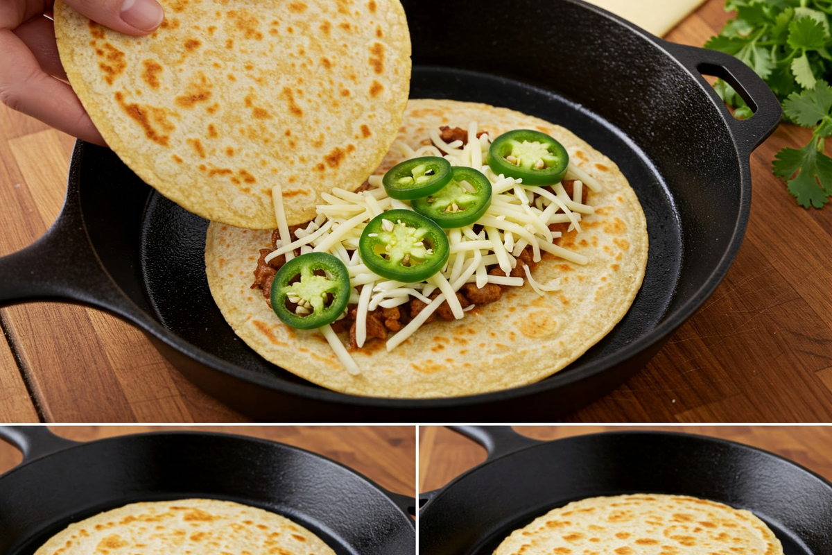  Step-by-step process of making a quesadilla in a skillet.